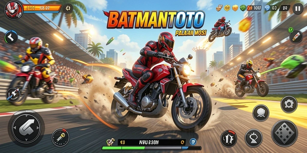 Screenshot gameplay BATMANTOTO menampilkan balapan motor yang mendebarkan.