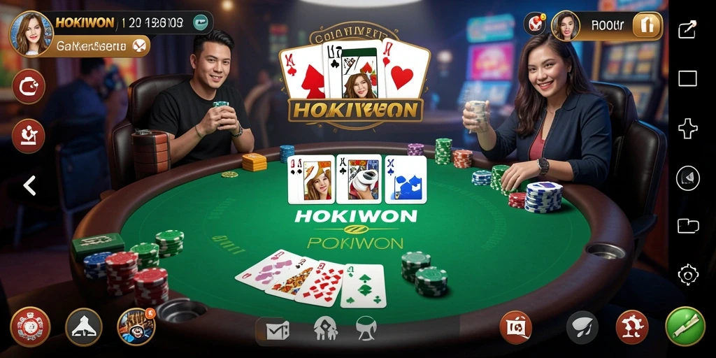 Screenshot HOKIWON menampilkan gameplay Poker yang mendebarkan.