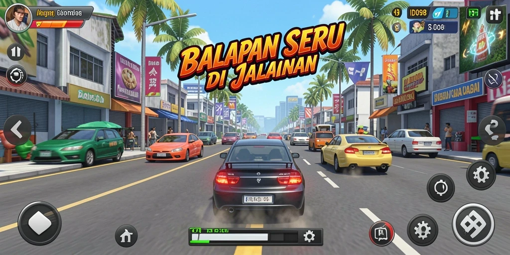 Tampilan gameplay balapan mendebarkan dari ID098 dengan berbagai mobil dan trek.