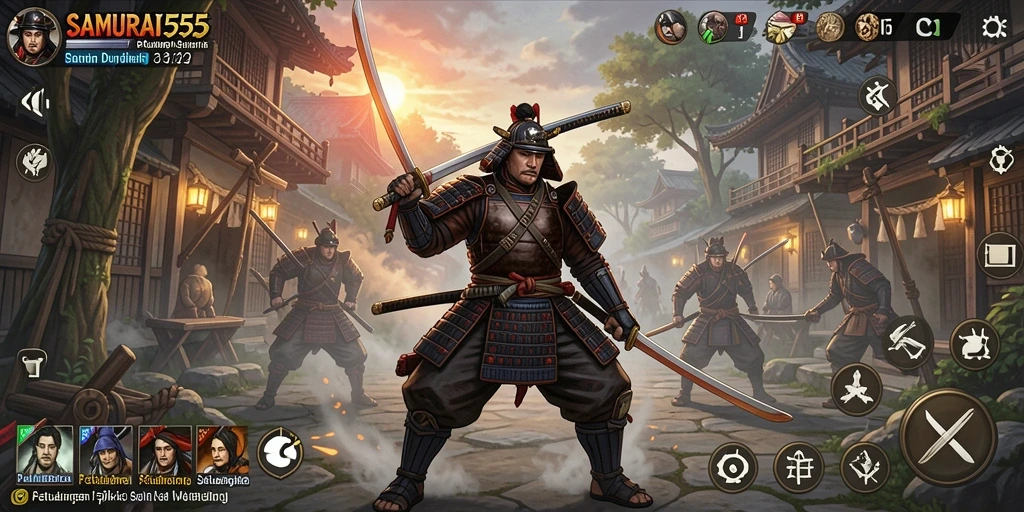 Screenshot gameplay <strong>SAMURAI555</strong> yang menampilkan aksi samurai yang mendebarkan.